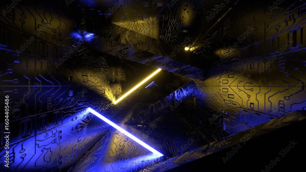 Aufkleber abstract digital art depicting glowing neon lines intersecting within a dark, textured environment r