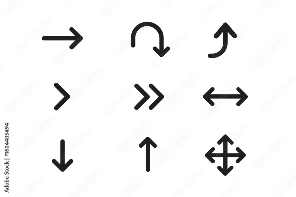 Poster arrow icon set. collection of black direction pointers. minimalist vector graphic elements for ui, u