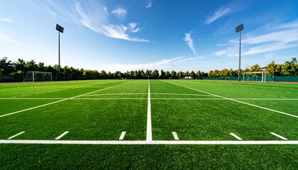 Wide shot of a well-maintained artificial turf football field