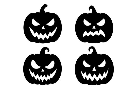 Halloween pumpkin vector set of 4. Spooky jack o lantern faces with scary expressions. Carved pumpkin silhouette for decoration. Creepy, evil smile icon for October.