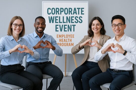 A preventive heart check helps detect issues early and reduce risk. Four diverse professionals  in front of a Corporate Wellness Event sign promoting employee health.
