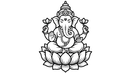 Black and white Ganesha deity drawing for spiritual designs, cultural themes, tattoo inspiration, and decorative purposes in various projects.