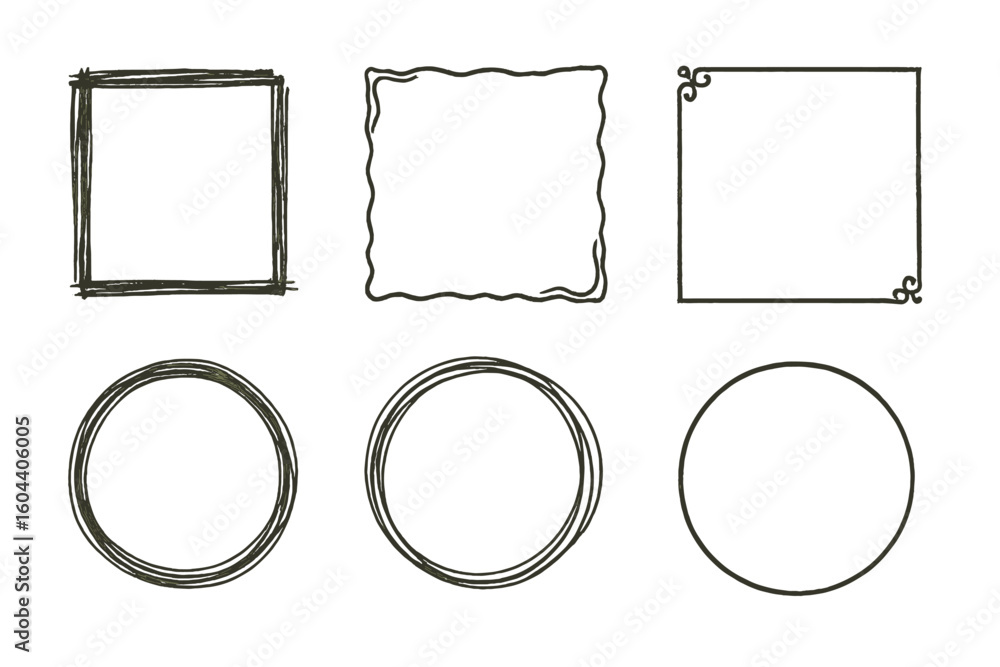 Poster hand drawn frame collection with square and circle shapes. doodle border set for text. sketchy, abst