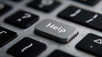 A close-up image of a keyboard featuring a prominent gray "Help" key among black keys with symbols.