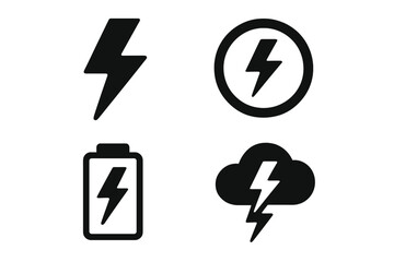 Lightning bolt vector icon set. Simple flat symbols of energy, power, electric charge, and storm. Flash thunderbolt sign for battery charging. Pictogram for web, logo, app.