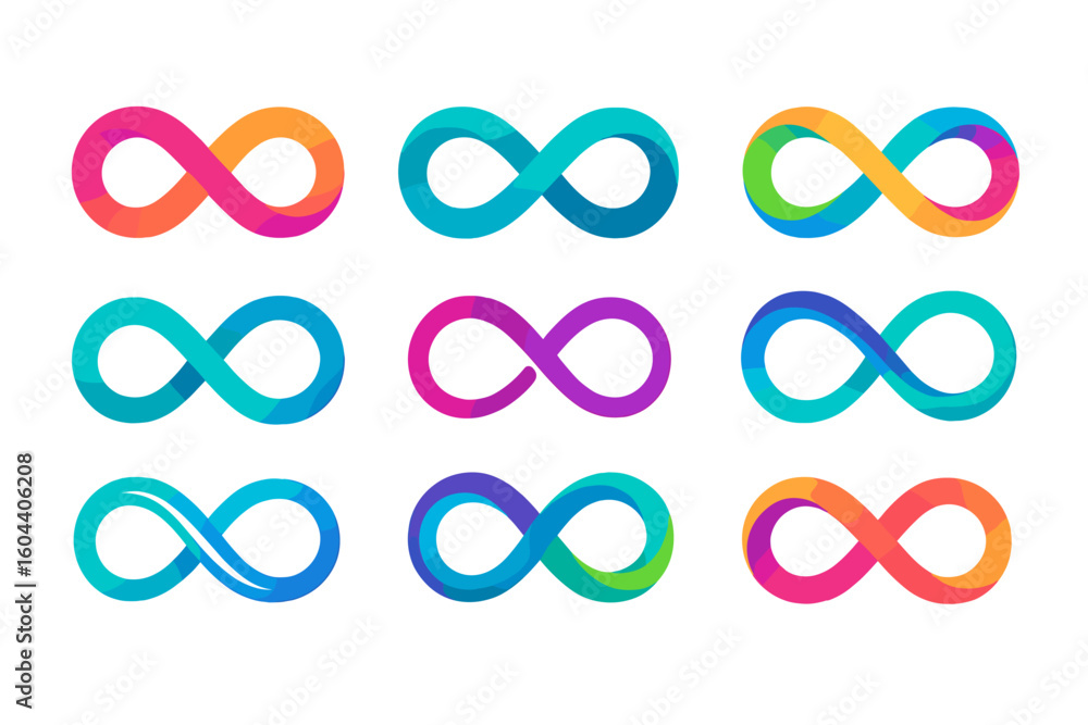 Poster infinity symbol vector set with colorful designs. abstract loop icons in unique, modern styles. limi