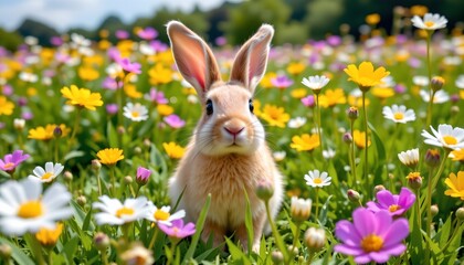 a serene scene of a white bunny standing in the middle of a vibrant wildflower field with a blurred background of flowers