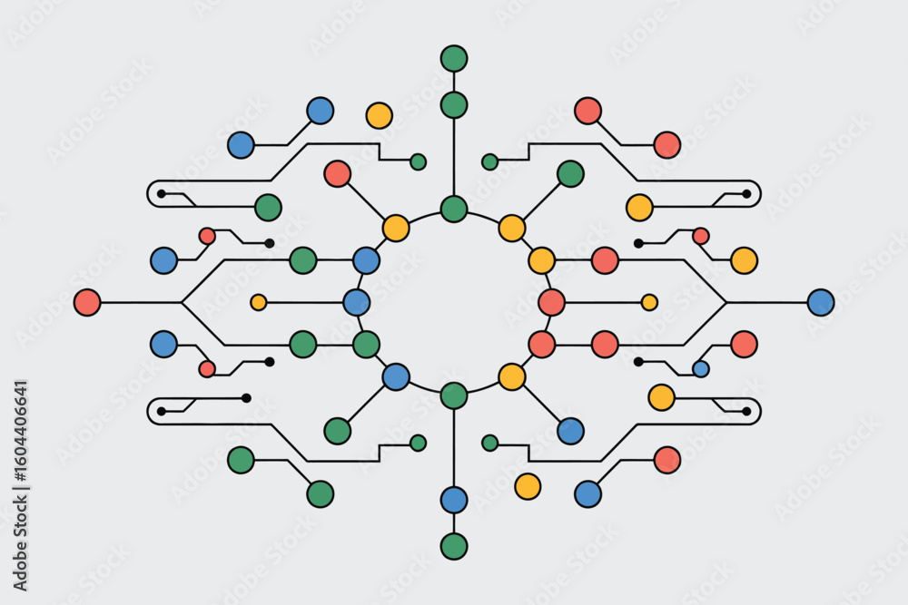 Poster abstract circuit board design with colorful nodes and connections arranged in a symmetrical pattern