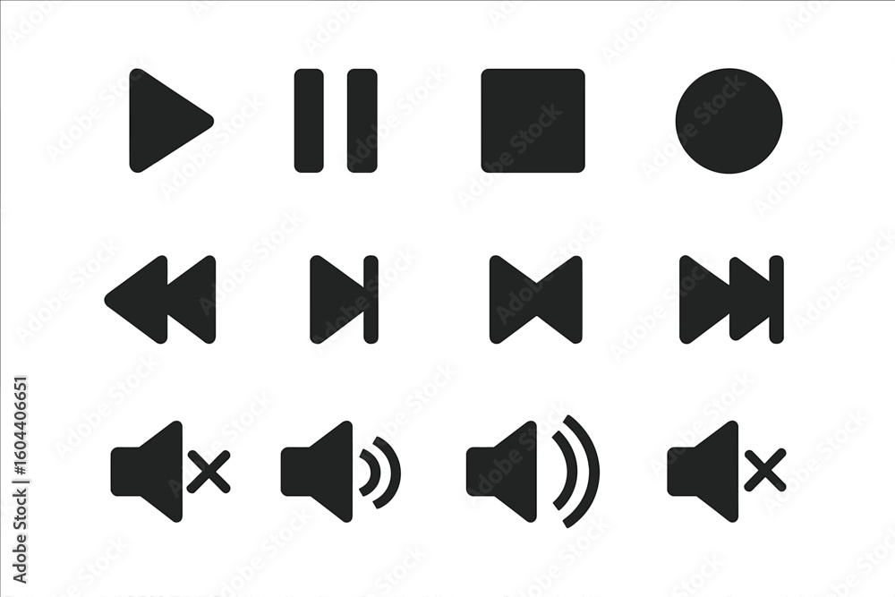 Poster media player control icon set. flat vector buttons for web and app interface design. play, pause, st
