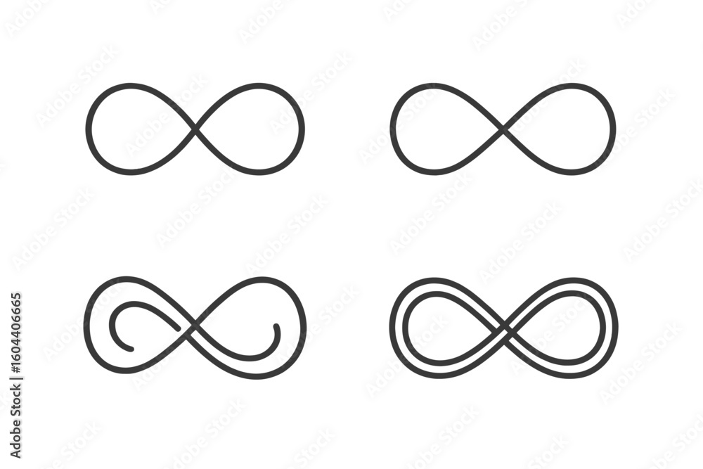 Poster infinity symbol vector set of four icons. minimalist black line art collection. looping patterns and
