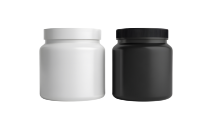 Modern white and black supplement bottles mockup on transparent display