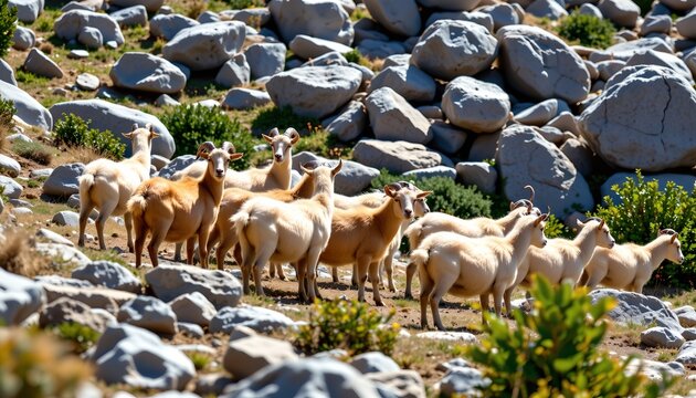 a herd of sheep grazing amidst a rocky landscape with shrubs. the terrain is rugged, and there are scattered rocks and vegetation. the sheep appear healthy and content in their natural environment