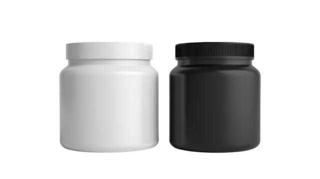 Modern white and black supplement bottles mockup on transparent display