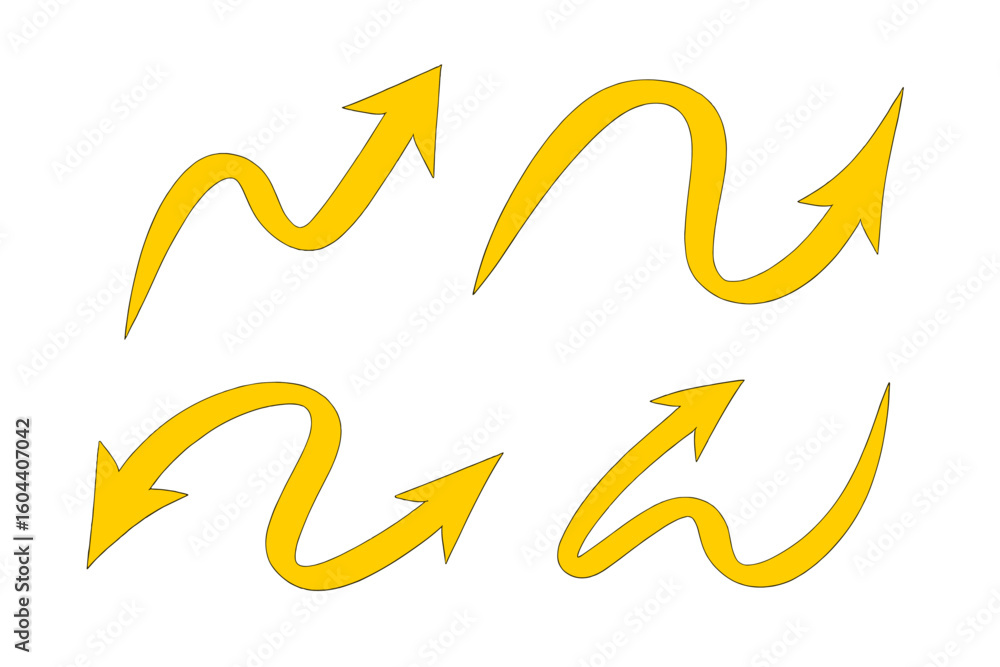 Poster set of yellow hand drawn arrows. wavy and curved arrow collection for infographic design elements. d