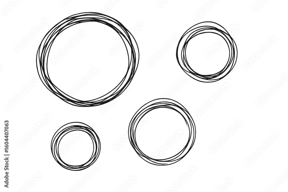 Poster set of 4 hand drawn scribble circles. abstract doodle round frames. grunge circular shapes. vector s