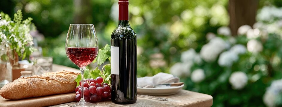 Enjoying a delightful pairing of red wine, fresh bread, and grapes on a rustic table in a picturesque vineyard setting - Powered by Adobe