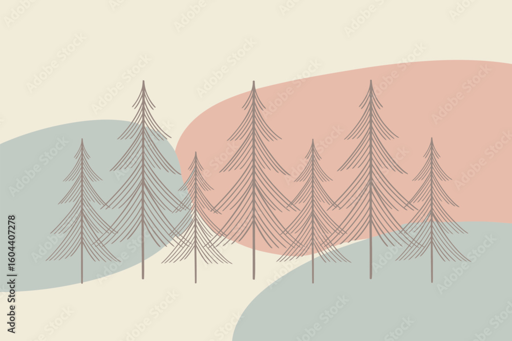 Aufkleber aesthetic illustration of pine trees with pastel color blobs in the background creating a serene lan