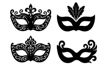 Set of black silhouette masquerade masks. Vector illustration for carnival, festival, or party. Ornate Venetian face disguise for mystery, theater, and costume events.