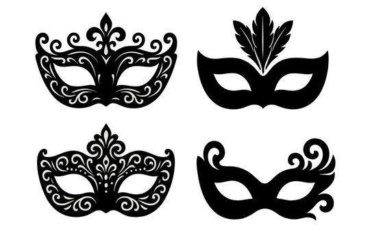 Set of black silhouette masquerade masks. Vector illustration for carnival, festival, or party. Ornate Venetian face disguise for mystery, theater, and costume events. - Powered by Adobe