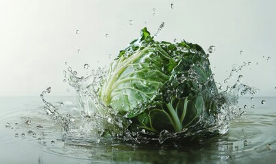 Fresh Cabbage Splashing in Water with Vibrant Green Leaves