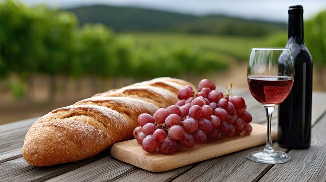 Enjoying a delightful pairing of red wine, fresh bread, and grapes on a rustic table in a picturesque vineyard setting
