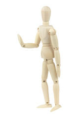 wooden man, wooden mannequin, pushing away gesture with hands, isolated on background	