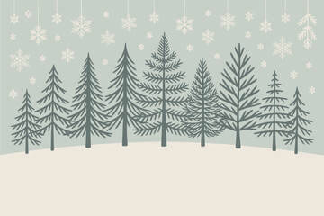 Obraz premium A winter scene with evergreen trees and snowflakes hanging from above on a light blue background
