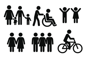 Fototapeta premium People pictogram icon set. Vector symbols of diverse community. Inclusive representation of family, disability, and couples. Stick figures with wheelchair and bicycle.