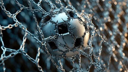 Steel soccer ball entangled in chains suggesting sports restrictions and confinement