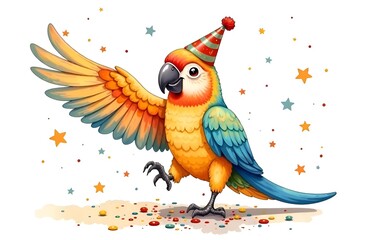 Children's animalistic card. A cheerful parrot waves its wing in greeting and dances in a festive cap. The background is white