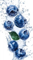 Blueberries Splashing in Water with Refreshing Vibrancy and Energy