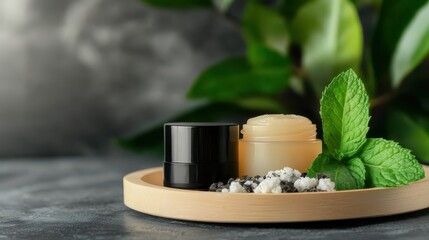 Natural Skincare Products with Mint Leaves on Wooden Plate