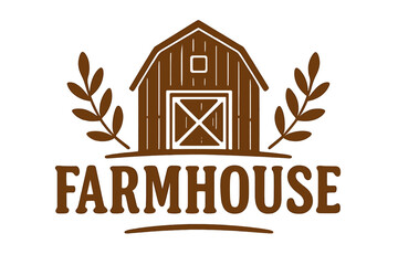 Farmhouse logo with barn silhouette and laurel wreath. Rustic country style vector for decor. Vintage farm emblem, agriculture symbol, rural life graphic design element.
