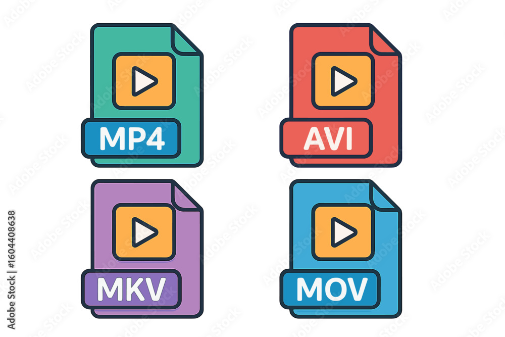 Poster video file format icon set with mp4, avi, mkv, mov extensions. multimedia data document symbols. col