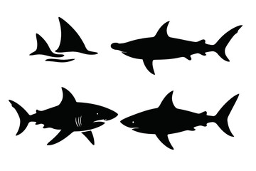 Obraz premium Shark silhouette vector set. Great white shark and hammerhead shapes. Marine life predator icon collection. Aquatic sea creature ocean wildlife. Danger fish animal fin symbol.