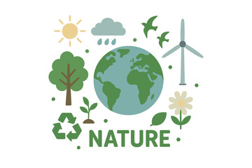 Environment and ecology concept. Earth Day illustration with globe, wind turbine, and recycling symbol. Green energy and nature conservation vector for sustainable future.