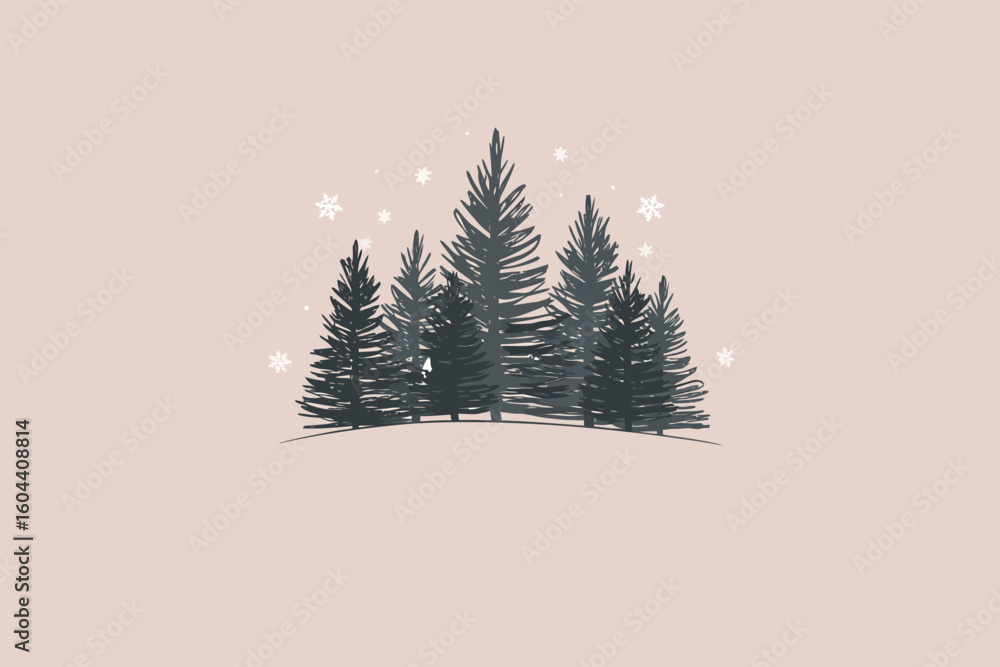 Poster a simple illustration of a cluster of pine trees with snowflakes on a beige colored background art d