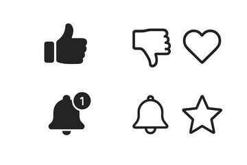 Social Media Interaction Icon Set&mdash;Thumbs Up, Thumbs Down, Heart, Notification Bell, Star, Bold and Outline Styles, User Interface Elements for Web Design and Social Media Platforms