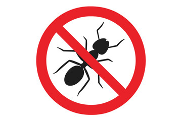 No ants sign vector. Forbidden insect icon. Pest control prohibition symbol. Anti-ant warning silhouette for insecticide. Red stop circle illustration for sanitation.