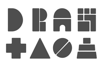 Set of brutalist abstract geometric shapes. Minimalist design icons collection with grunge texture. Modern primitive blocky forms. Vector illustration on transparent background.