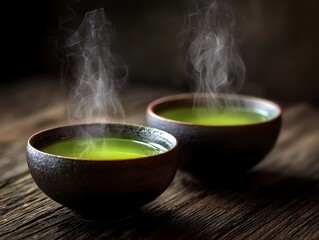 Close-up a cup of green tea leaves lemon spa healthy on sackcloth hot drink with steam beverage ceremony time concept