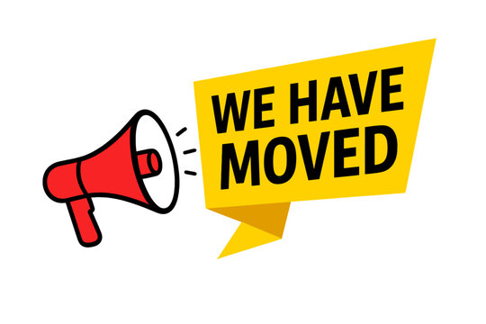 We have moved banner with megaphone. Business relocation or new address change announcement. Loudspeaker icon vector illustration for marketing, advertising, and promotion.