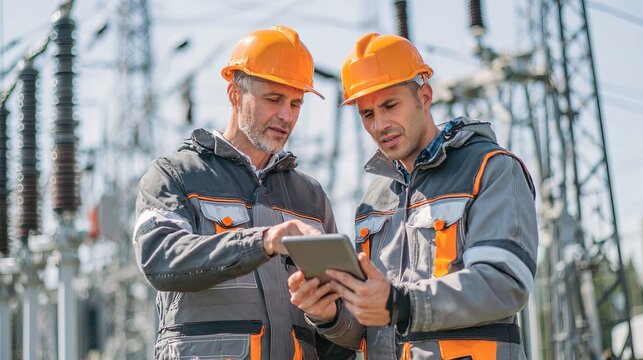 Two engineers in safety gear discuss data on a tablet at an outdoor electrical substation.