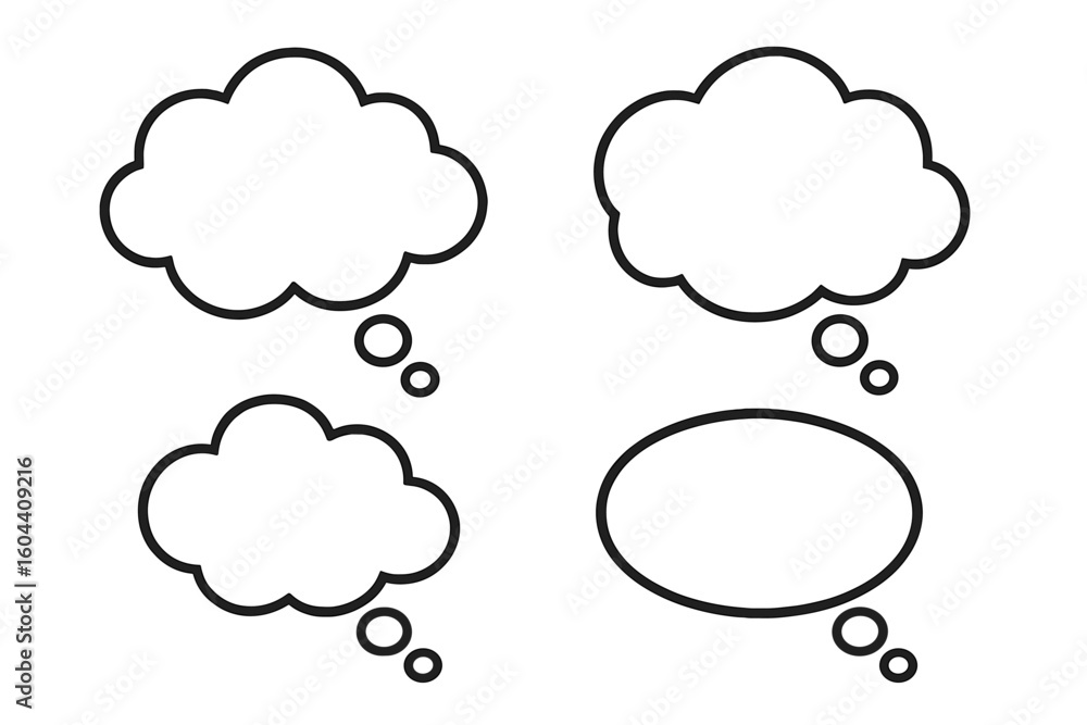 Poster thinking cloud and thought bubble vector icon set. comic style speech bubbles with outlines. blank t