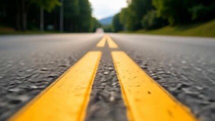 A close-up view of a wet asphalt road featuring double yellow center lines and surrounded by green trees in the distance. - Powered by Adobe