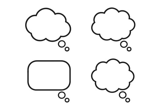 Thinking cloud and thought bubble vector icon set. Various shapes with outlines for brainstorming and design illustration. Empty comic speech bubbles for dialogue and ideas.