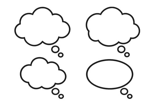 Thinking cloud and thought bubble vector icon set. Comic style speech bubbles with outlines. Blank template for brainstorming, idea, conceptualization or message design.