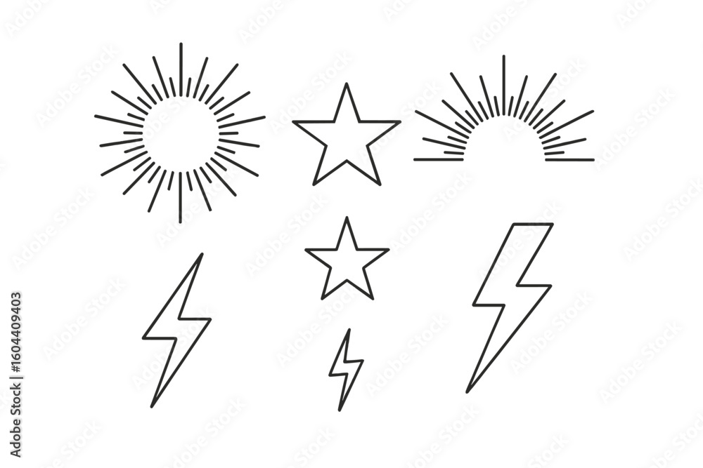 Poster sunburst vector outline set with retro stars and lightning bolts. line art design elements for logos
