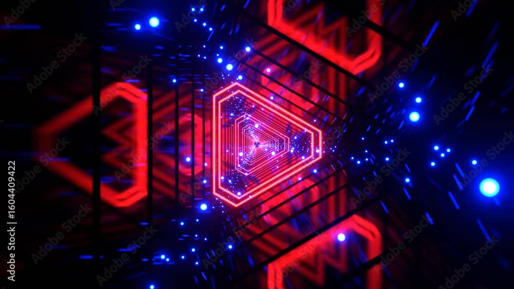 Poster abstract neon tunnel with glowing blue particles and geometric red shapes, creating a futuristic and