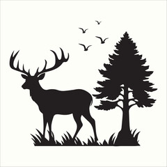 Christmas deer silhouette and christmas tree silhouette vector